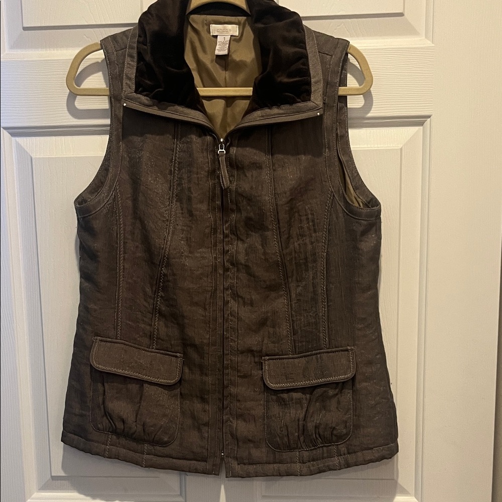 Chico's Dark Brown Zip-Up Vest with velvet trim